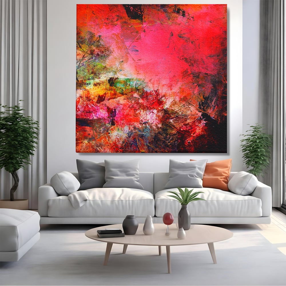Tablou canvas cu pictura abstracta in nuante de rosu, fara rama, pe sasiu de lemn, pe perete intr-un living